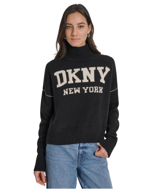 DKNY Black Intarsia Logo Turtleneck Sweater
