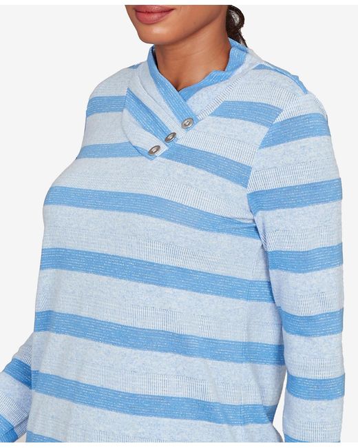 Ruby Rd Blue Petite Metallic Stripe Button Accent Knit Top