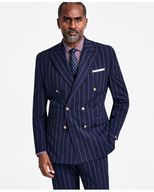 Tayion Collection Blue Pinstriped Double-breasted Suit Jacket for men