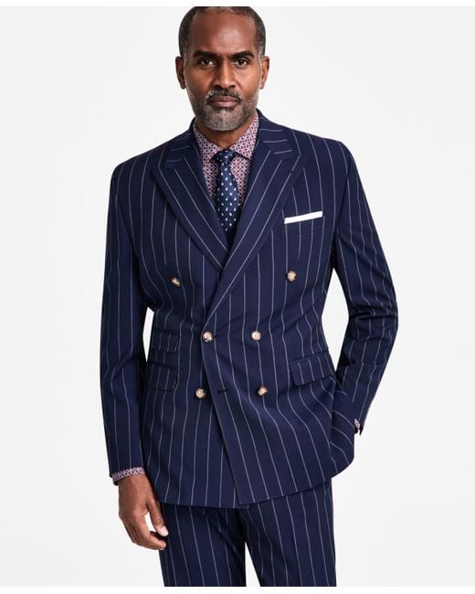 Tayion Collection Blue Pinstriped Double-breasted Suit Jacket for men