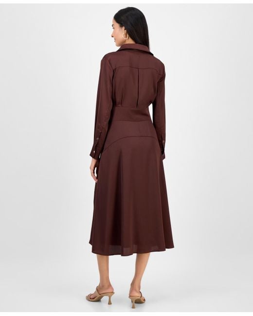 Tahari Collared V-neck Tie-waist Midi Dress