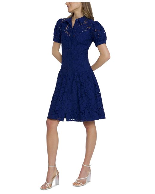 Maggy London Blue Floral-lace Puff-sleeve Shirtdress