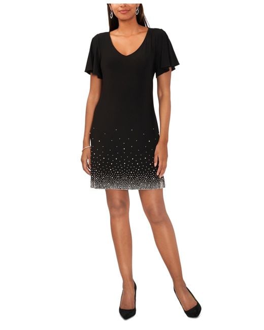 Msk Black V-neck Short-sleeve Embellished-hem Shift Dress