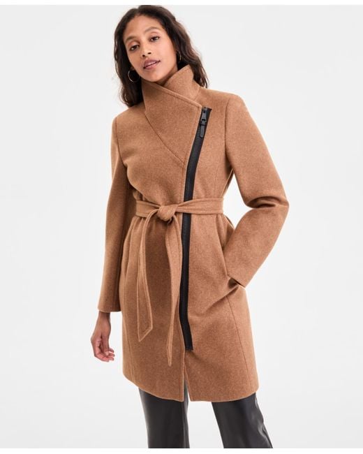 DKNY Brown Asymmetric Front-zip Belted Coat