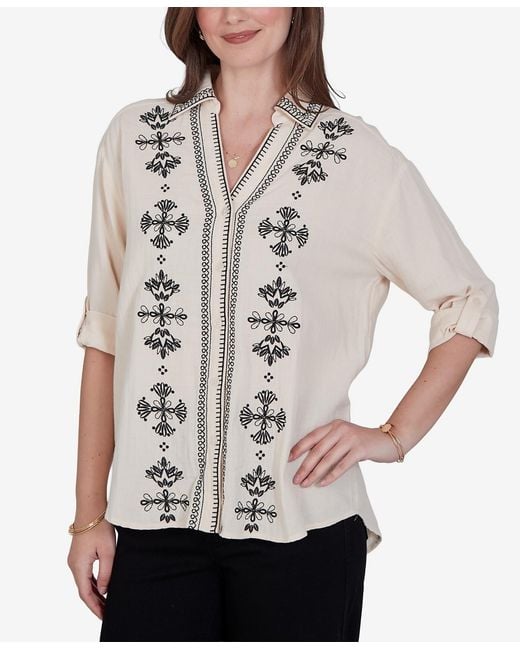 Ruby Rd Gray Petite Embroidered Gauze Button-front Top