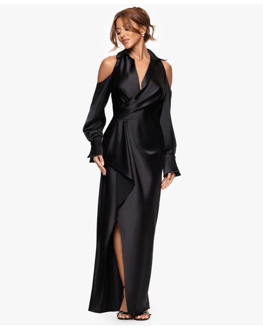 xscape dresses black long Ruth Satin High Tie Neck Backless Floor Length Dress