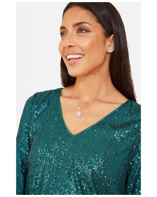 Yumi' Green Fluted Sleeve Sequin Top