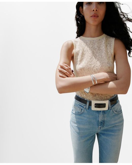 Mango White Openwork Knit Top