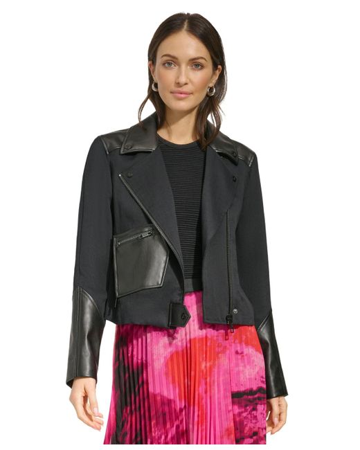 DKNY Red Faux-leather-accent Moto Jacket