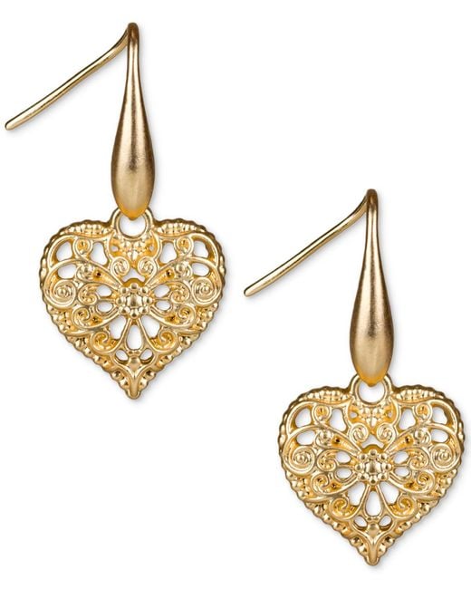 Patricia Nash Metallic Gold-tone Filigree Heart Drop Earrings
