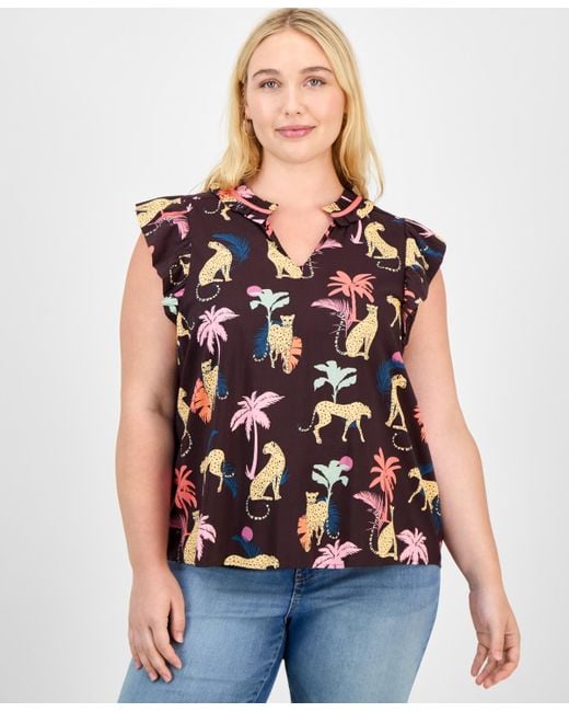 Democracy Blue Trendy Plus Printed Split-neck Flutter-sleeve Top