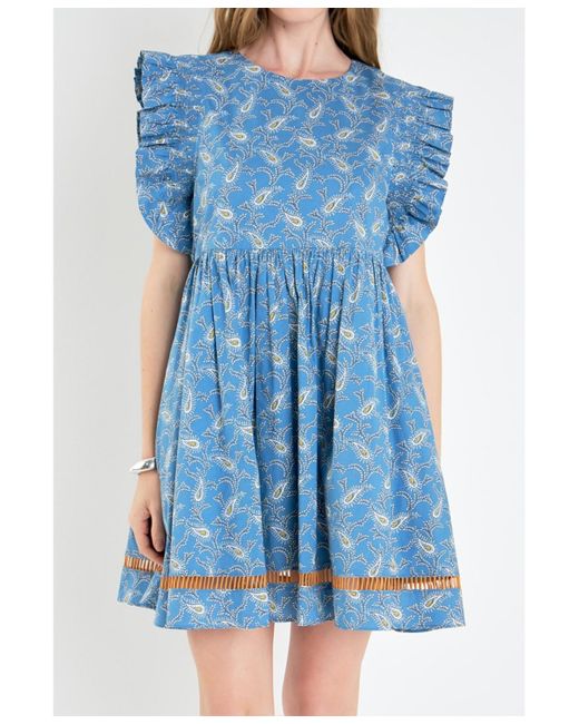 English Factory Blue Paisley Print Ruffle Sleeve Mini Dress