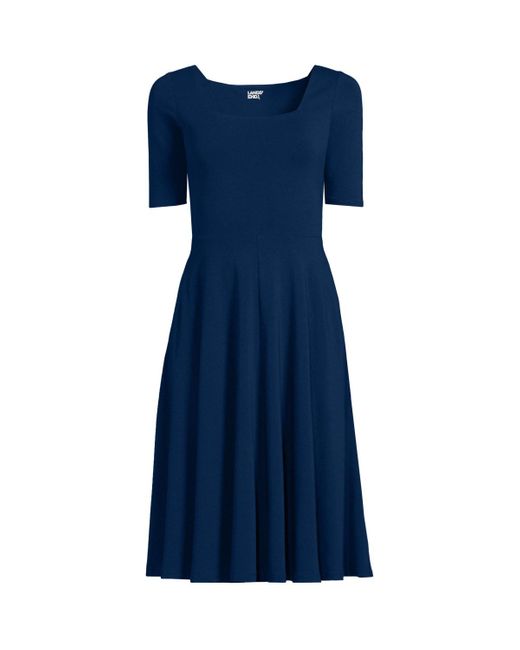 Lands' End Blue Elbow Sleeve Fit And Flatter Dress