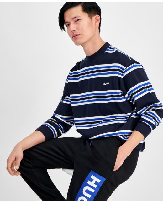 Boss Blue Hugo By Oversized-fit Stripe Long-sleeve T-shirt for men