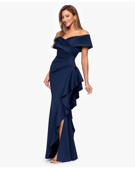 Xscape Sweetheart Neck Side Ruffle Off-the-shoulder Long Dress in Blue ...
