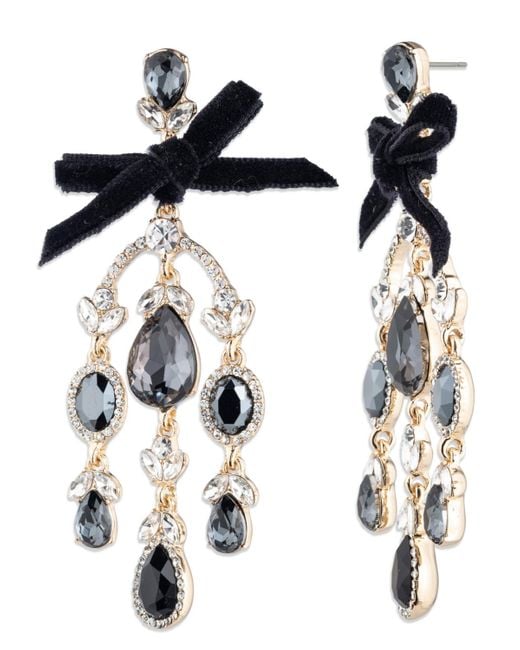 Givenchy Black Glass Stone Gold-tone Jet Velvet Bow Chandelier Drop Earrings
