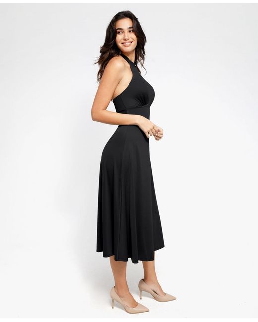 Popilush Women's Black Shapewear Sculpting Backless Halter A-line Midi Dress