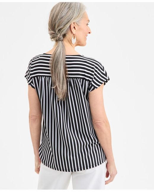 Style & Co. Blue Printed Mixed-media Short-sleeve Top