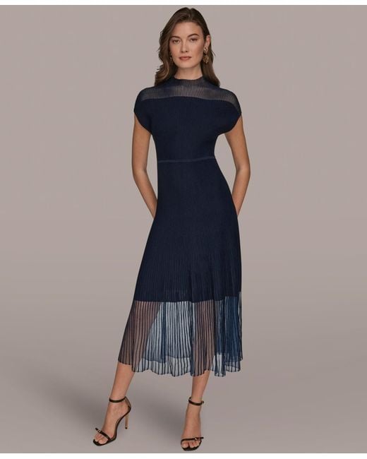 donna karan mock neck short sleeve ribbed knit midi dress in Blue women's dirndl