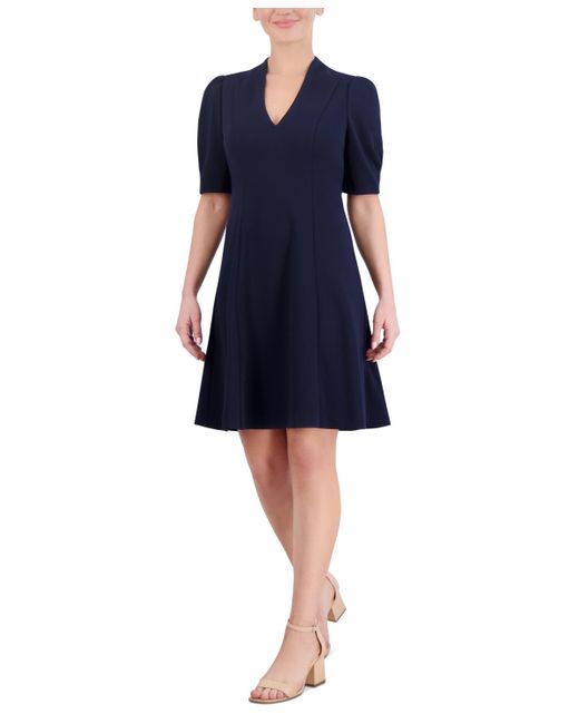 Jessica Howard Blue V-neck Short-sleeve Princess-seam A-line Dress