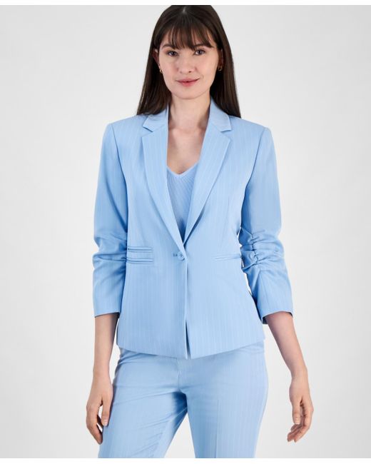 Tahari Blue Pinstripe One-button Scrunched-sleeve Jacket