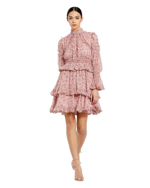 Mac Duggal Pink Long Sleeve Open Front High Neck Ruffle Mini Dress