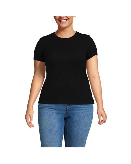 Lands' End Black Plus Size Drapey Rib Fitted Short Sleeve Mini T-shirt
