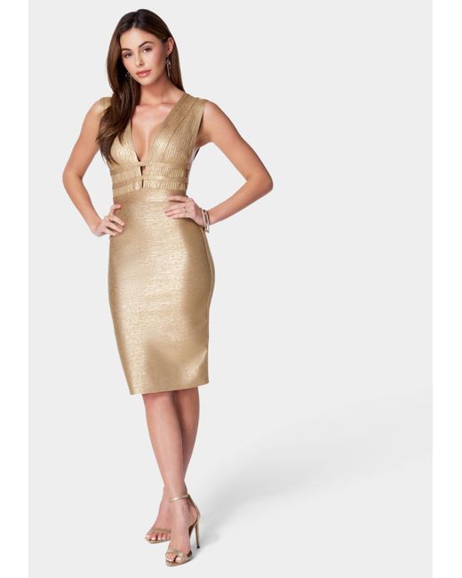 Bebe Natural Foiled Bandage Plunge Neck Midi Dress