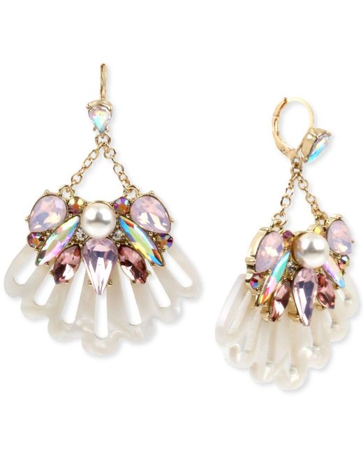Betsey Johnson Natural Gold-tone Crystal & Imitation Pearl Seashell Cluster Chandelier Earrings