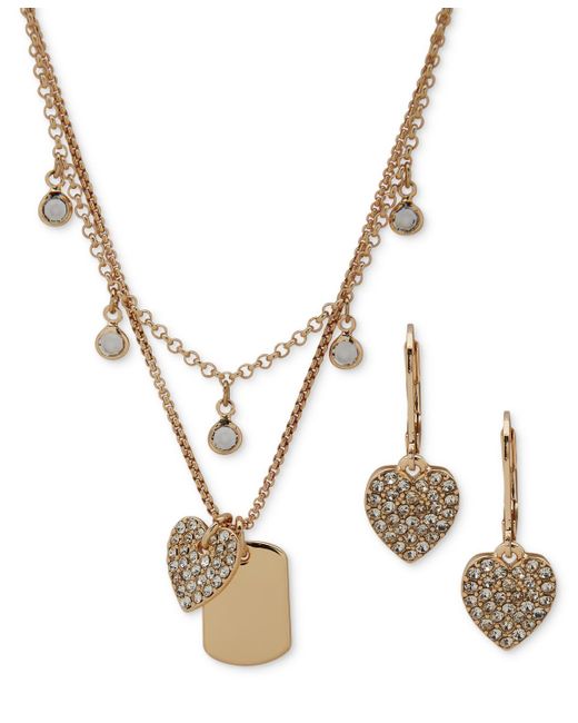 Anne Klein Metallic Gold-tone Heart Charm Drop Earrings & Two-row Necklace Set