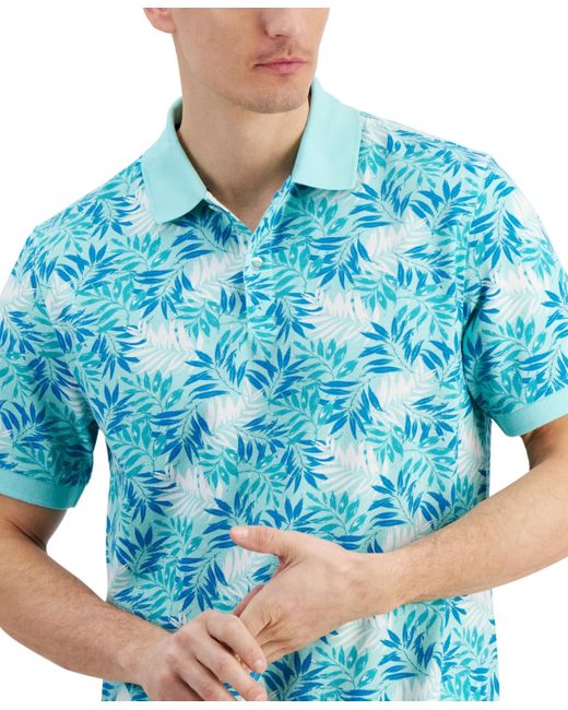 Club Room Blue Dello Textured Short Sleeve Leaf-print Performance Polo Shirt for men