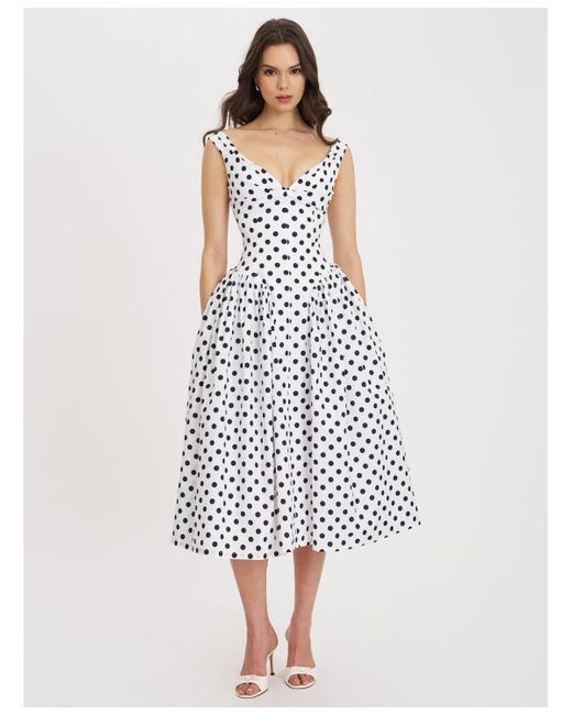 Miss Circle White Rahma Polka Dot Drop Waist Midi Cotton Poplin Dress