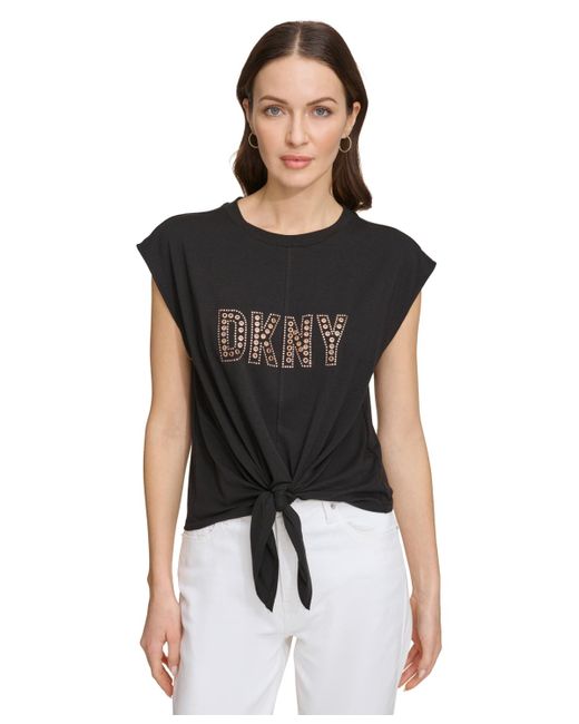 DKNY Black Grommet-logo Sleeveless Tie-hem Top
