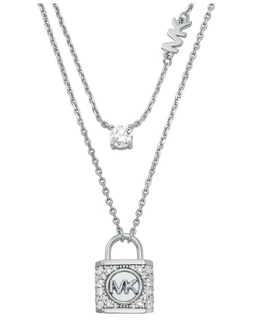 Michael Kors White Double Layered Pave Lock Necklace