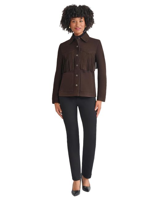 Jones New York Brown Fringe Suede Patch Long Sleeve Jacket