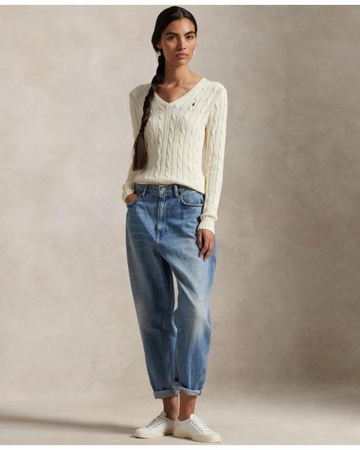 Polo Ralph Lauren Blue Cable-knit Cotton V-neck Sweater