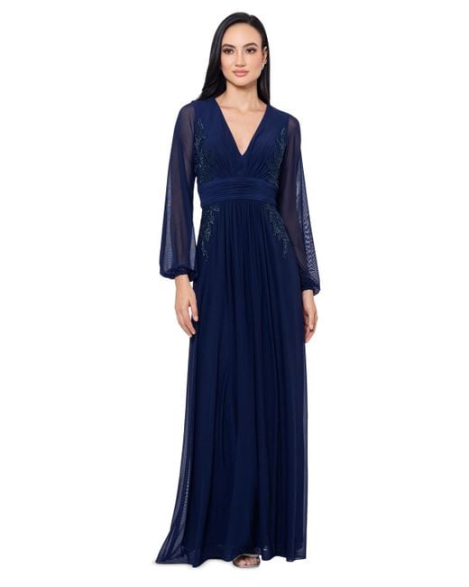 Betsy & Adam Blue V-neck Embroidered Chiffon Gown
