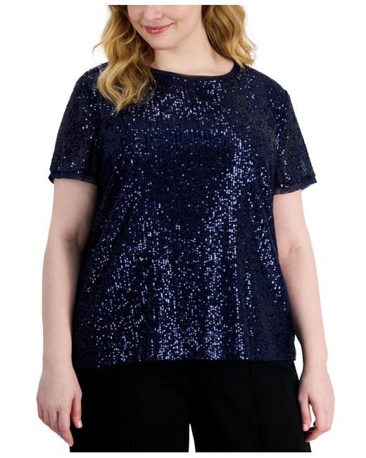Anne Klein Blue Plus Size Sequin-embellished Short-sleeve Top