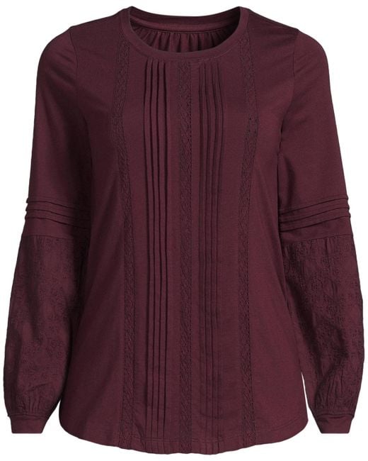 Lands' End Red Plus Size Lightweight Jersey Lace Mix Long Sleeve Pintuck Top