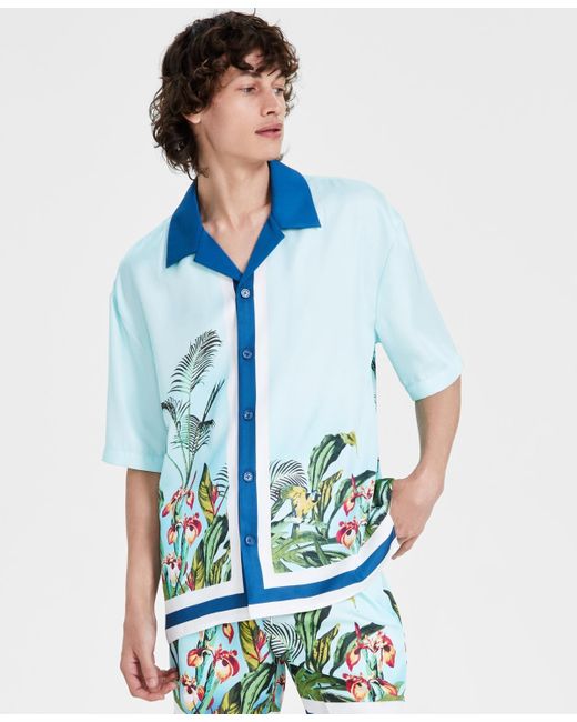 INC International Concepts Blue Thom Regular-fit Tropical-print Button-down Camp Shirt for men