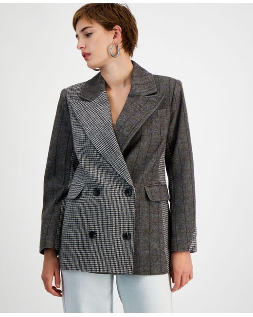 Avec Les Filles Mixed-print Double Breasted Blazer in Gray | Lyst