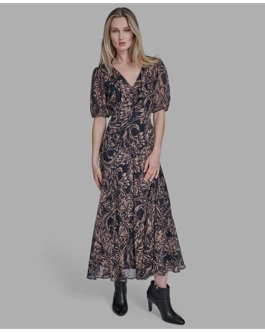 sachin and babi light blue dress Forever Beauty Puff Sleeve Floral Chiffon Midi Dress