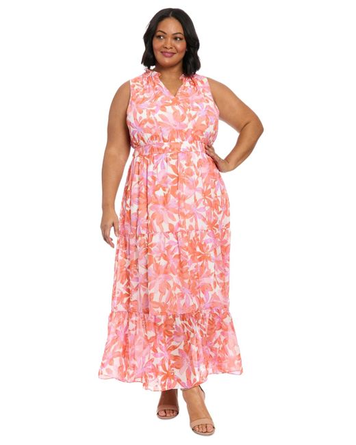 London Times Pink Plus Size Floral V-neck Tiered Maxi Dress