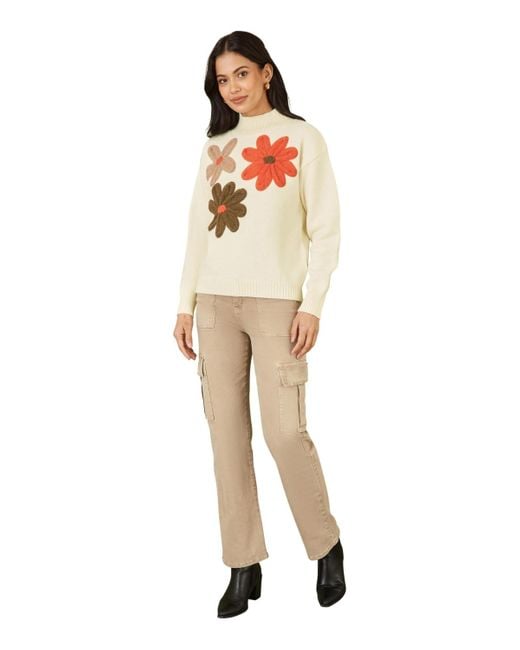 Yumi' Natural Floral Detail High Neck Knit Sweater