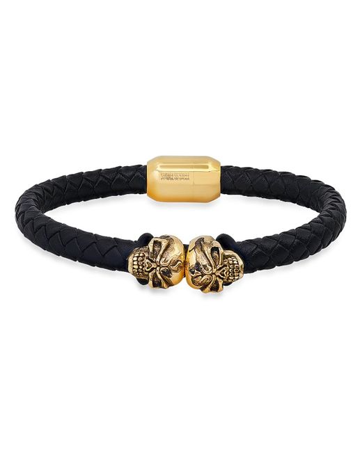 Steeltime Black Braided Leather And 18k Gold-plated Stainless-steel Skulls Bracelet for men