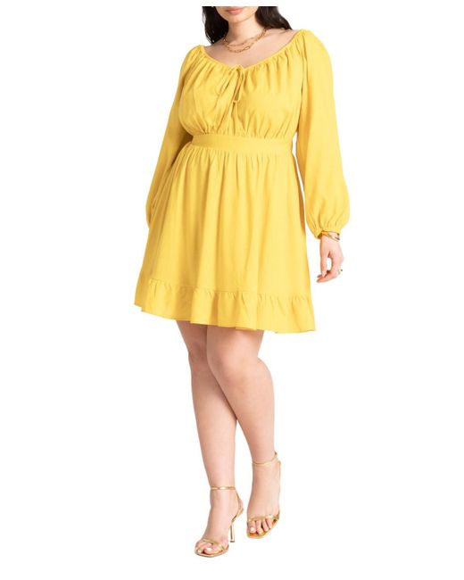 Eloquii Yellow Plus Size Puff Sleeve Linen Mini Dress