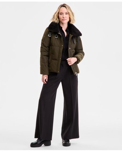 DKNY Black Faux-fur-collar Zip-front Puffer Coat