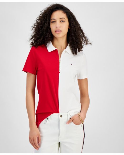 Tommy Hilfiger Red Colorblock Zip-front Polo Shirt