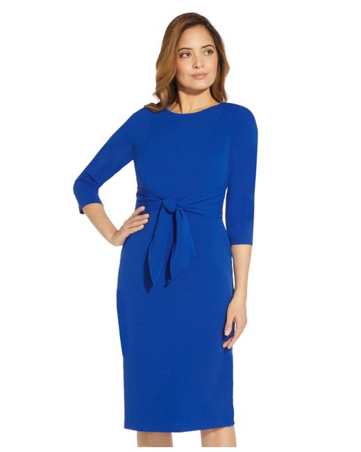 Adrianna Papell Blue Tie-front 3/4-sleeve Crepe Knit Dress