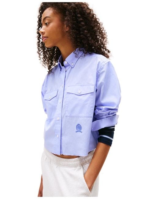 Tommy Hilfiger Blue Cotton Crop Button-front Crest Shirt